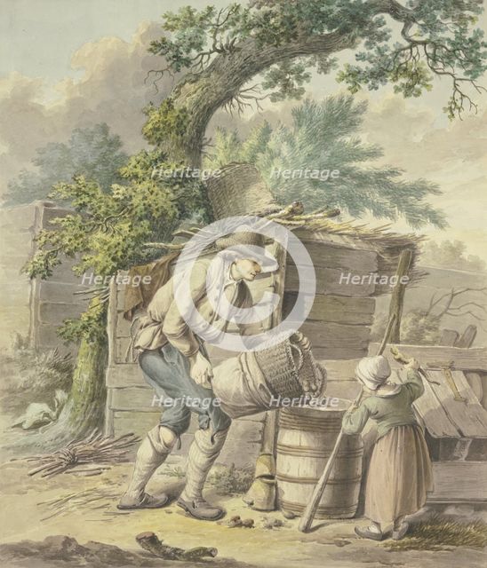 A farmer pours potatoes into a barrel, a child helps. Creator: Pieter Bartholomeusz. Barbiers.