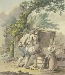 A farmer pours potatoes into a barrel, a child helps. Creator: Pieter Bartholomeusz. Barbiers