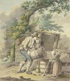 A farmer pours potatoes into a barrel, a child helps. Creator: Pieter Bartholomeusz. Barbiers