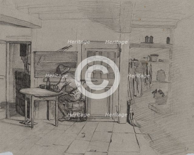 A Farmhouse Interior with a Boy at a Table, c. 1846. Creator: Alexandre-Gabriel Decamps (French, 1803-1860).