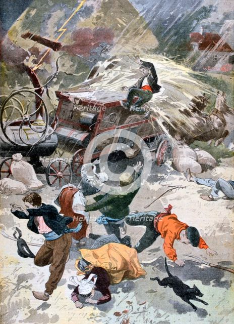 A farming machine struck by lightning, 1902. Artist: Unknown