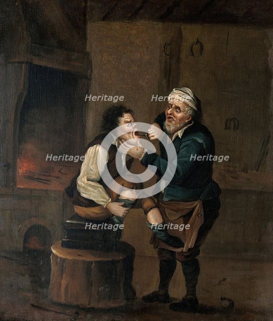 A farrier extracting a tooth from a man's mouth, c1680s. Creator: Follower of David Teniers II.