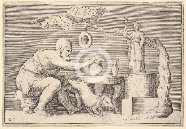 A Faun or Satyr Preparing a Pig for Sacrifice, published ca. 1599-1622. Creator: Unknown.