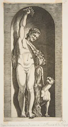 A faun standing in a niche holding aloft a bunch of grapes with his right hand and ..., ca. 1515-27. Creator: Marco Dente