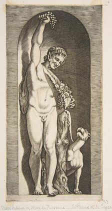 A faun standing in a niche holding aloft a bunch of grapes with his right hand and ..., ca. 1515-27. Creator: Marco Dente