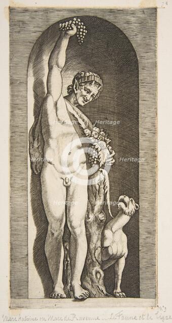 A faun standing in a niche holding aloft a bunch of grapes with his right hand and ..., ca. 1515-27. Creator: Marco Dente.
