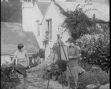 A Female Civilians Posing for Another Female Civilian Painting at an Easel, Another Female..., 1920. Creator: British Pathe Ltd