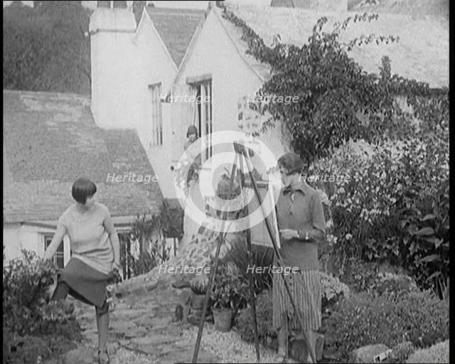 A Female Civilians Posing for Another Female Civilian Painting at an Easel, Another Female..., 1920. Creator: British Pathe Ltd.