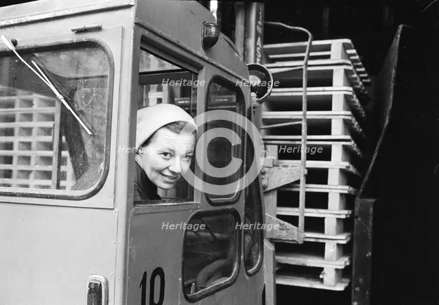 A female forklift truck driver, Landskrona, Sweden, 1967. Creator: Unknown.