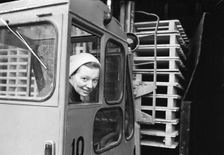 A female forklift truck driver, Landskrona, Sweden, 1967. Creator: Unknown