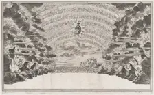A female figure in glory at center, surrounded by burning rocks; below Cupid sailing on a ..., 1668. Creator: Mathäus Küsel