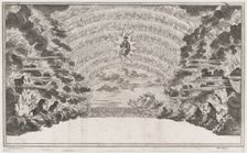 A female figure in glory at center, surrounded by burning rocks; below Cupid sailing on a ..., 1668. Creator: Mathäus Küsel