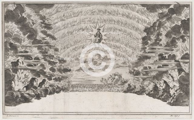 A female figure in glory at center, surrounded by burning rocks; below Cupid sailing on a ..., 1668. Creator: Mathäus Küsel.