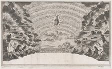 A female figure in glory at center, surrounded by burning rocks; below Cupid sailing on a ..., 1668. Creator: Mathäus Küsel