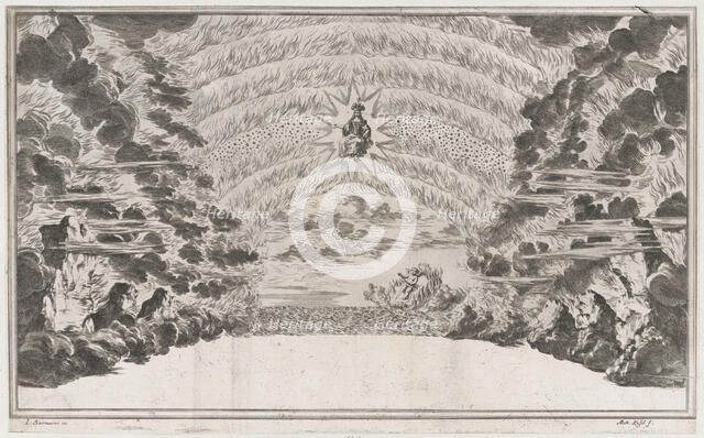 A female figure in glory at center, surrounded by burning rocks; below Cupid sailing on a ..., 1668. Creator: Mathäus Küsel.