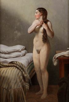 A female figure, standing by a bed, combs her hair, early-mid 19th century. Creator: CW Eckersberg
