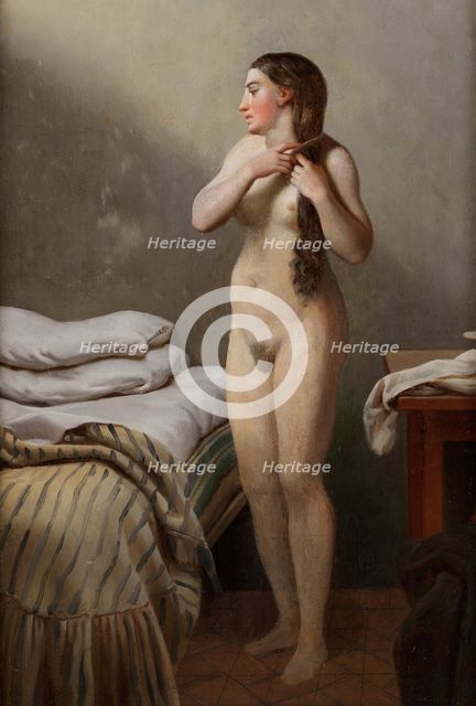 A female figure, standing by a bed, combs her hair, early-mid 19th century. Creator: CW Eckersberg.