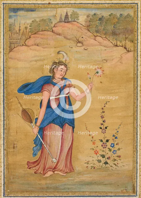 A female figure standing in a landscape holding a four-stringed "khuuchir" and a lotus, c. 1590. Creator: Unknown.