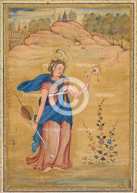 A female figure standing in a landscape holding a four-stringed "khuuchir" and a lotus, c. 1590. Creator: Unknown.