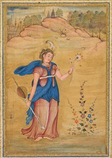 A female figure standing in a landscape holding a four-stringed "khuuchir" and a lotus, c. 1590. Creator: Unknown