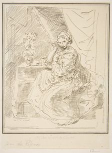 A female figure seated beside a flower vase, 1775. Creator: Unknown