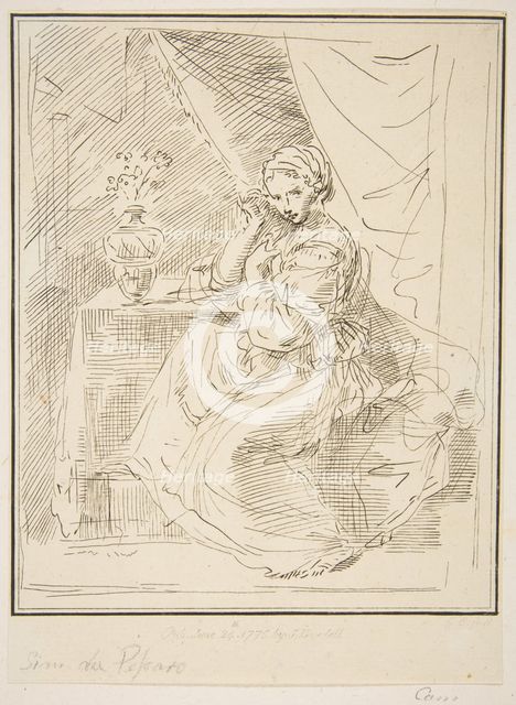 A female figure seated beside a flower vase, 1775. Creator: Unknown.