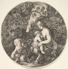 A female satyr breastfeeding an child to the right, turned towards the left, a satyr child..., 1639. Creator: Stefano della Bella