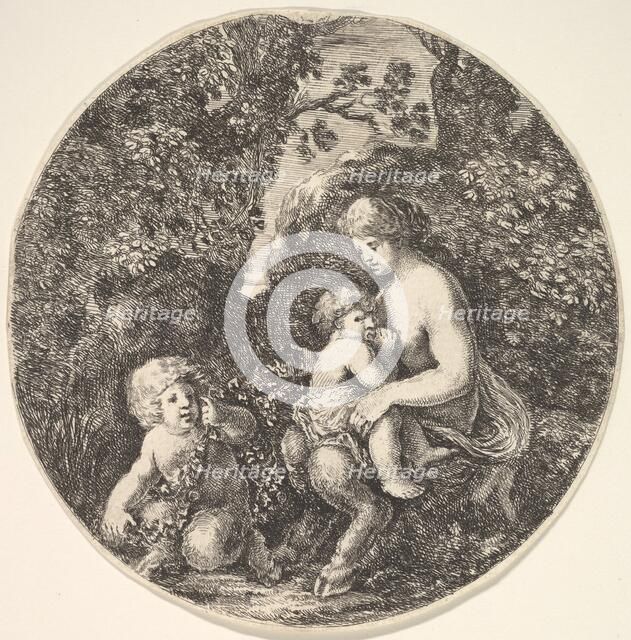 A female satyr breastfeeding an child to the right, turned towards the left, a satyr child..., 1639. Creator: Stefano della Bella.
