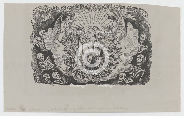 A female saint standing with a cavalier and surrounded by angels and skeletons, ca..., ca 1890-1910. Creator: José Guadalupe Posada.