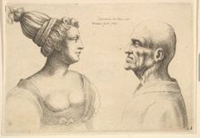 A female with hair tied back and a bald male facing each other, 1645. Creator: Wenceslaus Hollar