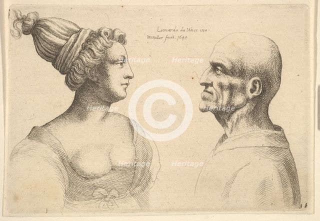 A female with hair tied back and a bald male facing each other, 1645. Creator: Wenceslaus Hollar.