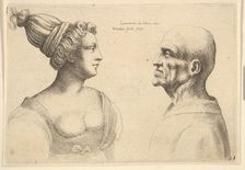 A female with hair tied back and a bald male facing each other, 1645. Creator: Wenceslaus Hollar