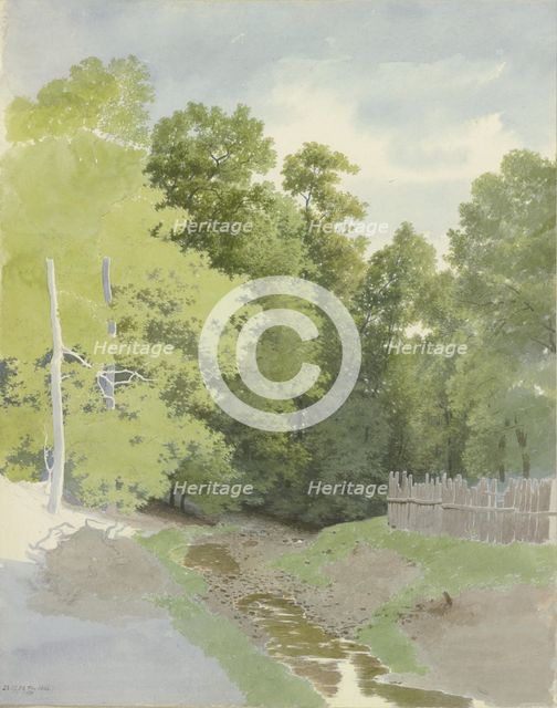 A fence along a A dry streambed at the edge of the forest, 1866. Creator: Carl Theodor Reiffenstein.