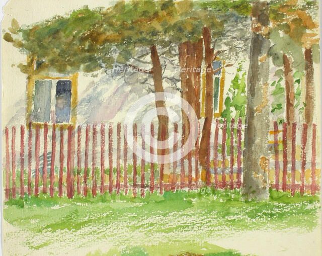 A fence and trees, behind which the wall of a white building breaks up. Creator: Maria Wiik.