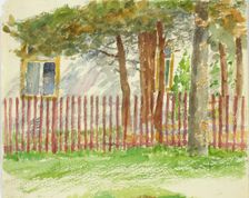 A fence and trees, behind which the wall of a white building breaks up. Creator: Maria Wiik