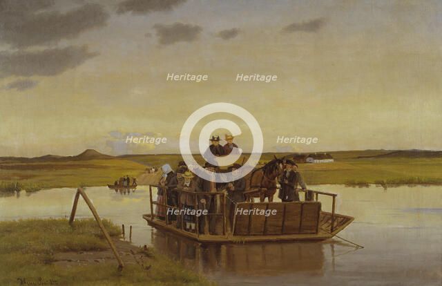 A ferry across the Gudenåen, 1910-1917. Creator: Hans Smidth.