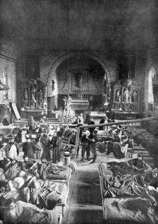 A field station at the front, in the nave of a rural church, World War I, 1915