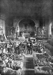 A field station at the front, in the nave of a rural church, World War I, 1915