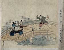 A fierce samurai holding a spear fighting an effeminate samurai on a bridge, between 1800 and 1899. Creator: Unknown