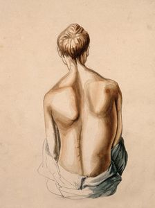 A figure, viewed from the waist up, as seen from behind. Creator: Unknown