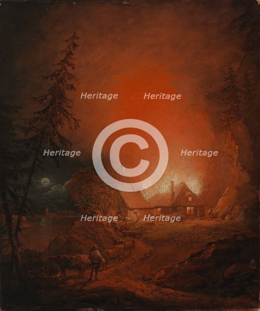 A Fire at Night in a Farmer's House, 1809. Creator: Alexander Lauréus.