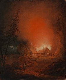 A Fire at Night in a Farmer's House, 1809. Creator: Alexander Lauréus