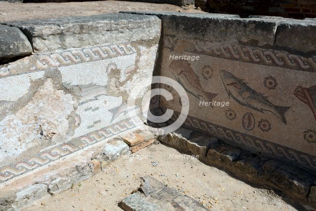 A fish mosaic in the Roman ruins at Milreu, Portugal, 2009. Creator: Samuel Magal.