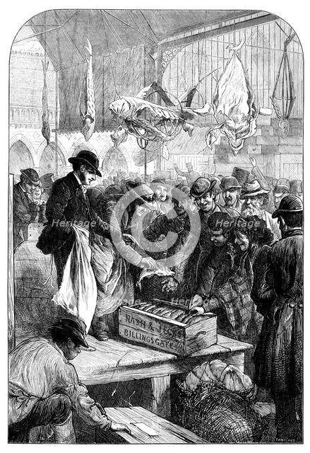 A fish auction in Columbia Market, 1871. Creator: Unknown.