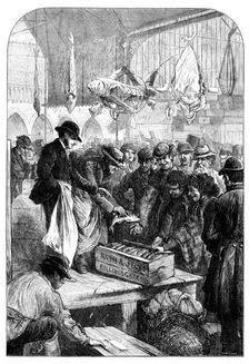 A fish auction in Columbia Market, 1871. Creator: Unknown