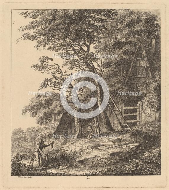 A Fisherman and Two Children in a Landscape with Thatched Cottages, 1764. Creator: Salomon Gessner.