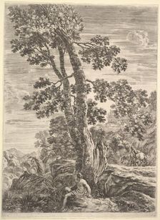 A fisherman at center facing left and leaning against a large tree, a woman walking..., ca. 1652-57. Creator: Stefano della Bella