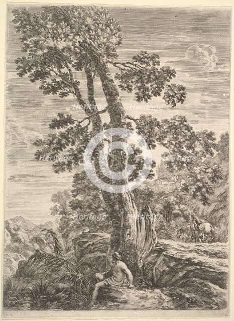 A fisherman at center facing left and leaning against a large tree, a woman walking..., ca. 1652-57. Creator: Stefano della Bella.