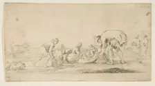 A fisherman bringing in his nets, a man at left pushing a bale to the right, two seate..., ca. 1662. Creator: Stefano della Bella