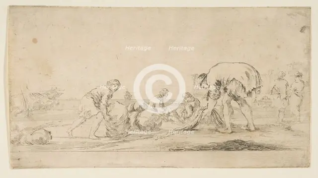 A fisherman bringing in his nets, a man at left pushing a bale to the right, two seate..., ca. 1662. Creator: Stefano della Bella.